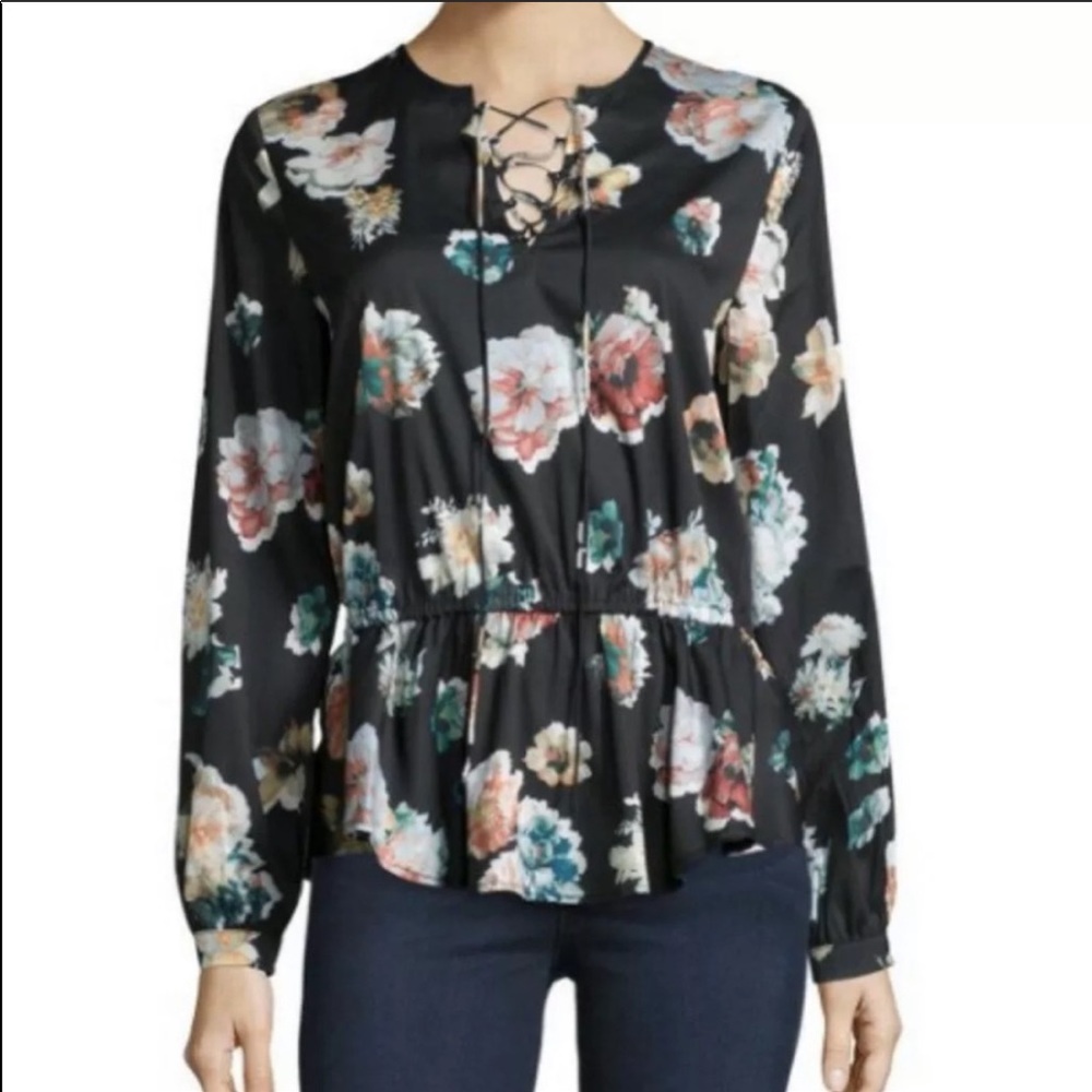 Neiman Marcus Floral-Print Lace-Up Blouse Top- NWT